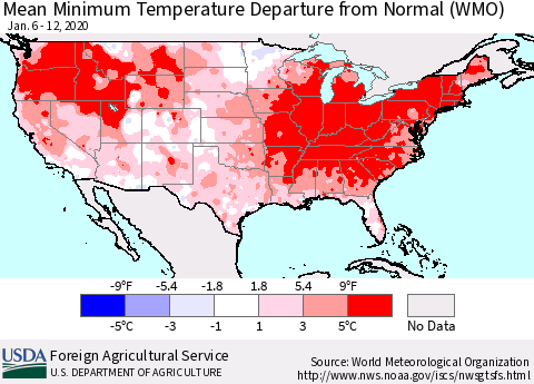 United States Mean Minimum Temperature Departure from Normal (WMO) Thematic Map For 1/6/2020 - 1/12/2020