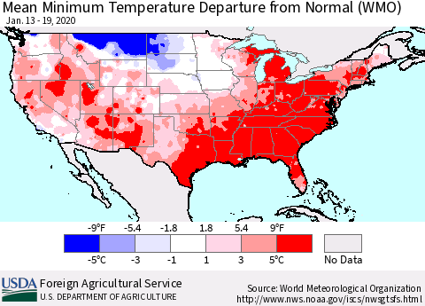 United States Mean Minimum Temperature Departure from Normal (WMO) Thematic Map For 1/13/2020 - 1/19/2020