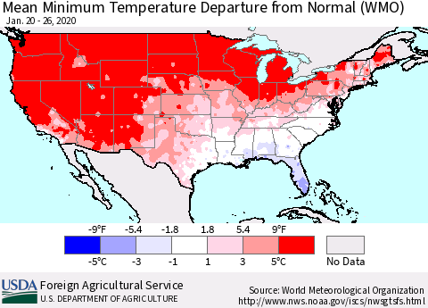 United States Mean Minimum Temperature Departure from Normal (WMO) Thematic Map For 1/20/2020 - 1/26/2020