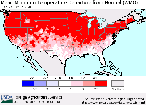 United States Mean Minimum Temperature Departure from Normal (WMO) Thematic Map For 1/27/2020 - 2/2/2020