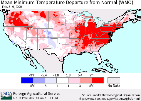 United States Mean Minimum Temperature Departure from Normal (WMO) Thematic Map For 2/3/2020 - 2/9/2020