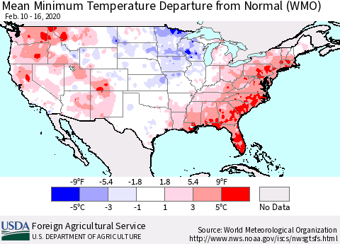United States Mean Minimum Temperature Departure from Normal (WMO) Thematic Map For 2/10/2020 - 2/16/2020