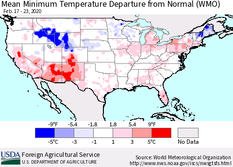 United States Mean Minimum Temperature Departure from Normal (WMO) Thematic Map For 2/17/2020 - 2/23/2020