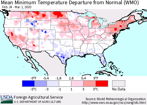 United States Mean Minimum Temperature Departure from Normal (WMO) Thematic Map For 2/24/2020 - 3/1/2020