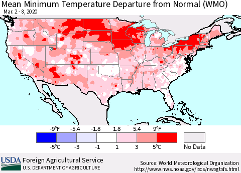 United States Mean Minimum Temperature Departure from Normal (WMO) Thematic Map For 3/2/2020 - 3/8/2020