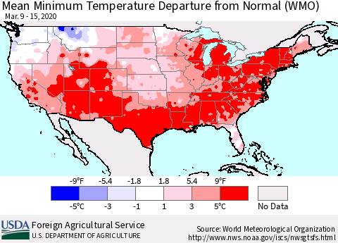 United States Mean Minimum Temperature Departure from Normal (WMO) Thematic Map For 3/9/2020 - 3/15/2020