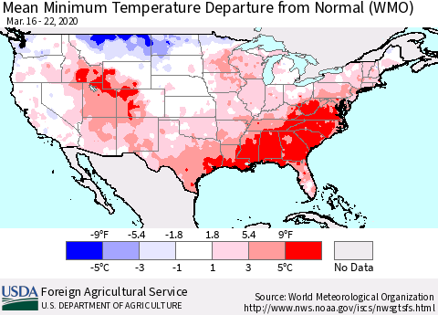 United States Minimum Temperature Departure From Normal (WMO) Thematic Map For 3/16/2020 - 3/22/2020
