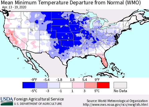United States Mean Minimum Temperature Departure from Normal (WMO) Thematic Map For 4/13/2020 - 4/19/2020