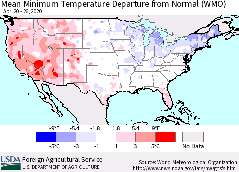 United States Minimum Temperature Departure From Normal (WMO) Thematic Map For 4/20/2020 - 4/26/2020