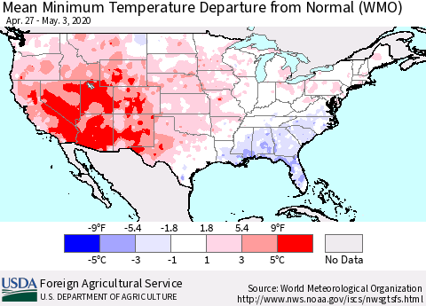 United States Mean Minimum Temperature Departure from Normal (WMO) Thematic Map For 4/27/2020 - 5/3/2020