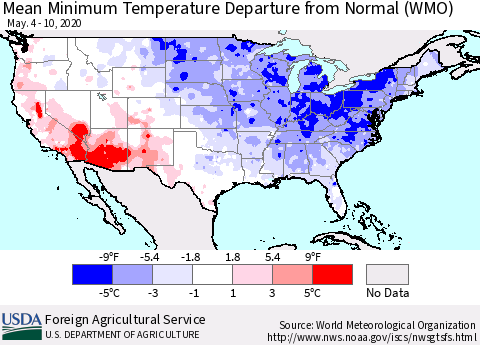 United States Minimum Temperature Departure From Normal (WMO) Thematic Map For 5/4/2020 - 5/10/2020