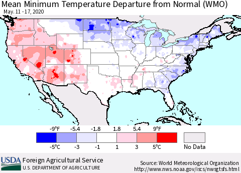United States Mean Minimum Temperature Departure from Normal (WMO) Thematic Map For 5/11/2020 - 5/17/2020