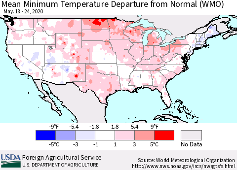 United States Minimum Temperature Departure From Normal (WMO) Thematic Map For 5/18/2020 - 5/24/2020