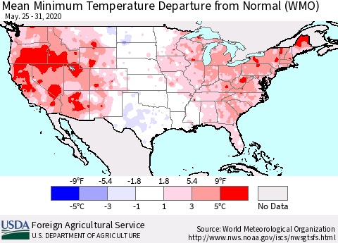 United States Mean Minimum Temperature Departure from Normal (WMO) Thematic Map For 5/25/2020 - 5/31/2020