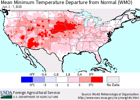 United States Minimum Temperature Departure From Normal (WMO) Thematic Map For 6/1/2020 - 6/7/2020