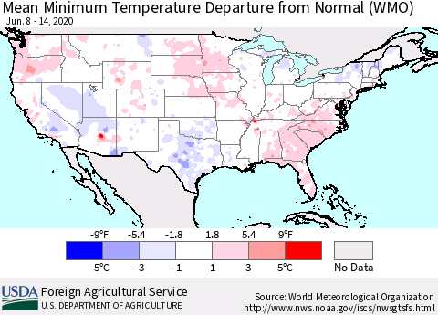 United States Mean Minimum Temperature Departure from Normal (WMO) Thematic Map For 6/8/2020 - 6/14/2020