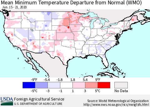 United States Mean Minimum Temperature Departure from Normal (WMO) Thematic Map For 6/15/2020 - 6/21/2020