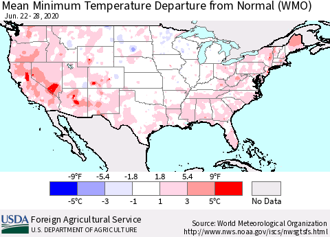 United States Mean Minimum Temperature Departure from Normal (WMO) Thematic Map For 6/22/2020 - 6/28/2020