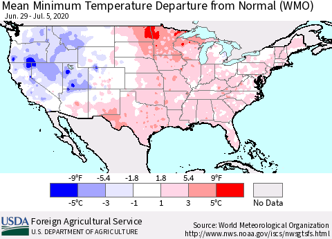 United States Minimum Temperature Departure From Normal (WMO) Thematic Map For 6/29/2020 - 7/5/2020