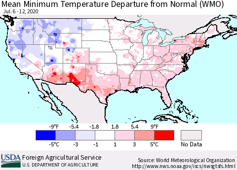 United States Minimum Temperature Departure From Normal (WMO) Thematic Map For 7/6/2020 - 7/12/2020