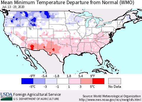 United States Mean Minimum Temperature Departure from Normal (WMO) Thematic Map For 7/13/2020 - 7/19/2020