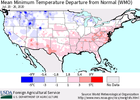 United States Minimum Temperature Departure From Normal (WMO) Thematic Map For 7/20/2020 - 7/26/2020