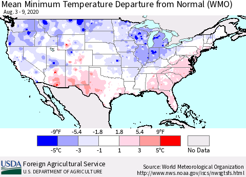 United States Minimum Temperature Departure From Normal (WMO) Thematic Map For 8/3/2020 - 8/9/2020