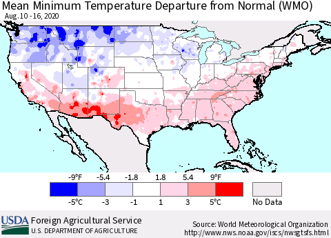 United States Mean Minimum Temperature Departure from Normal (WMO) Thematic Map For 8/10/2020 - 8/16/2020