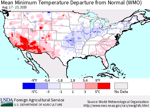 United States Minimum Temperature Departure From Normal (WMO) Thematic Map For 8/17/2020 - 8/23/2020