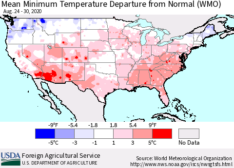 United States Mean Minimum Temperature Departure from Normal (WMO) Thematic Map For 8/24/2020 - 8/30/2020