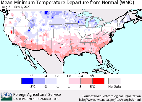 United States Mean Minimum Temperature Departure from Normal (WMO) Thematic Map For 8/31/2020 - 9/6/2020
