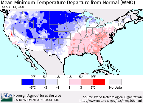United States Mean Minimum Temperature Departure from Normal (WMO) Thematic Map For 9/7/2020 - 9/13/2020