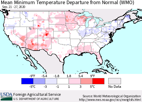 United States Mean Minimum Temperature Departure from Normal (WMO) Thematic Map For 9/21/2020 - 9/27/2020
