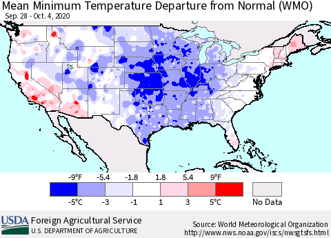 United States Mean Minimum Temperature Departure from Normal (WMO) Thematic Map For 9/28/2020 - 10/4/2020