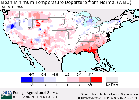 United States Mean Minimum Temperature Departure from Normal (WMO) Thematic Map For 10/5/2020 - 10/11/2020