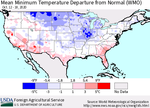 United States Minimum Temperature Departure From Normal (WMO) Thematic Map For 10/12/2020 - 10/18/2020