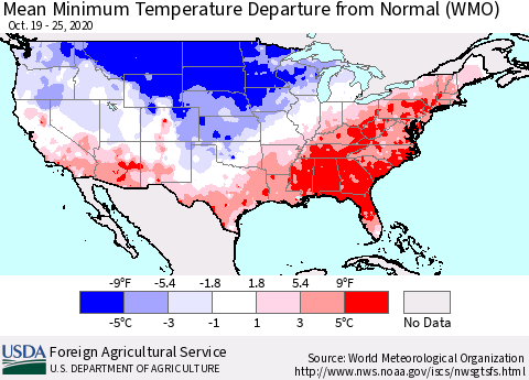United States Minimum Temperature Departure From Normal (WMO) Thematic Map For 10/19/2020 - 10/25/2020