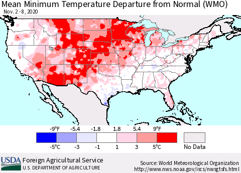 United States Mean Minimum Temperature Departure from Normal (WMO) Thematic Map For 11/2/2020 - 11/8/2020
