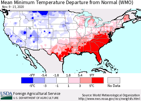 United States Mean Minimum Temperature Departure from Normal (WMO) Thematic Map For 11/9/2020 - 11/15/2020