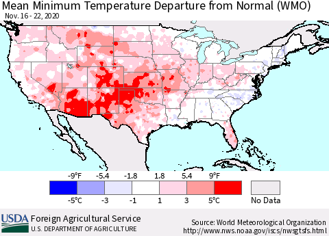 United States Mean Minimum Temperature Departure from Normal (WMO) Thematic Map For 11/16/2020 - 11/22/2020