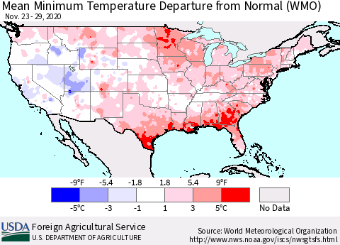 United States Mean Minimum Temperature Departure from Normal (WMO) Thematic Map For 11/23/2020 - 11/29/2020