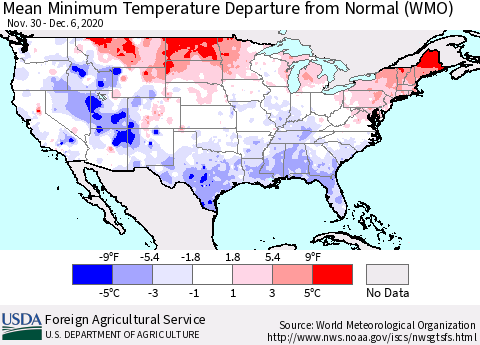 United States Minimum Temperature Departure From Normal (WMO) Thematic Map For 11/30/2020 - 12/6/2020