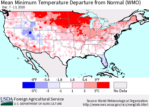 United States Mean Minimum Temperature Departure from Normal (WMO) Thematic Map For 12/7/2020 - 12/13/2020