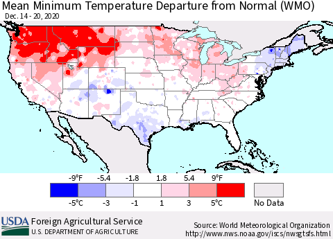 United States Mean Minimum Temperature Departure from Normal (WMO) Thematic Map For 12/14/2020 - 12/20/2020
