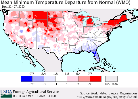United States Mean Minimum Temperature Departure from Normal (WMO) Thematic Map For 12/21/2020 - 12/27/2020