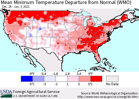 United States Mean Minimum Temperature Departure from Normal (WMO) Thematic Map For 12/28/2020 - 1/3/2021