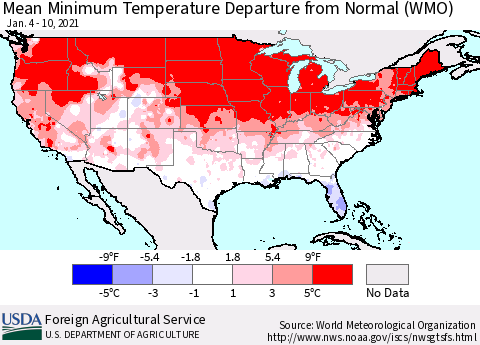 United States Mean Minimum Temperature Departure from Normal (WMO) Thematic Map For 1/4/2021 - 1/10/2021