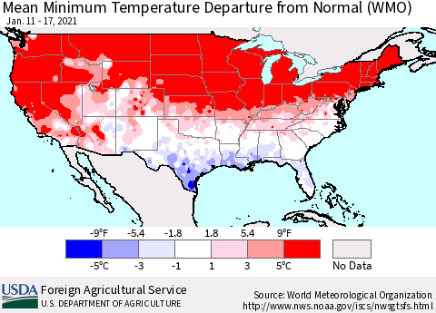 United States Mean Minimum Temperature Departure from Normal (WMO) Thematic Map For 1/11/2021 - 1/17/2021