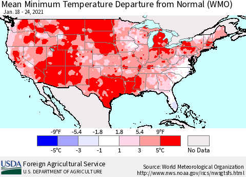 United States Mean Minimum Temperature Departure from Normal (WMO) Thematic Map For 1/18/2021 - 1/24/2021