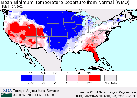 United States Mean Minimum Temperature Departure from Normal (WMO) Thematic Map For 2/8/2021 - 2/14/2021